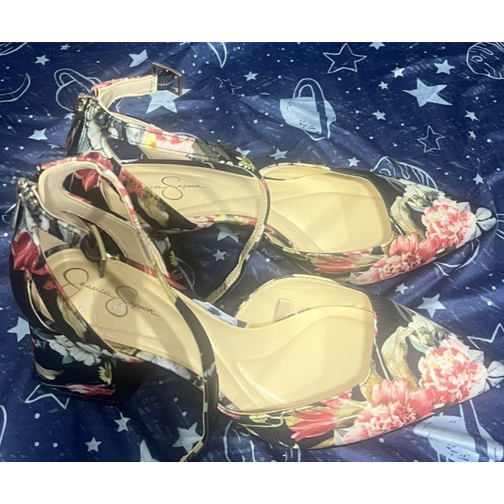 Jessica Simpson Floral Block Heel Ankle Strap Pointed Toe Shoes Multicolor 6m - Picture 3 of 5